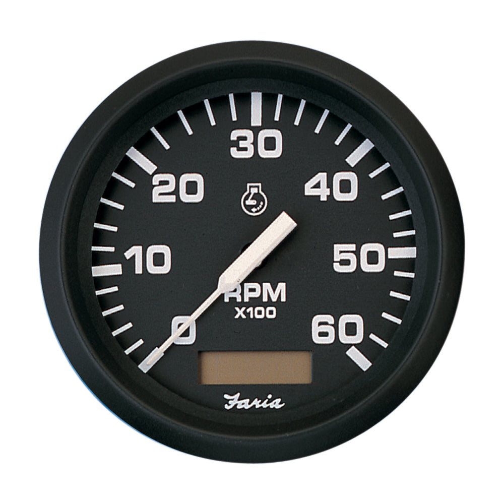 Faria Beede Instruments, Faria Euro Black 4" Tachometer w/Hourmeter - 6,000 RPM (Gas - Inboard)