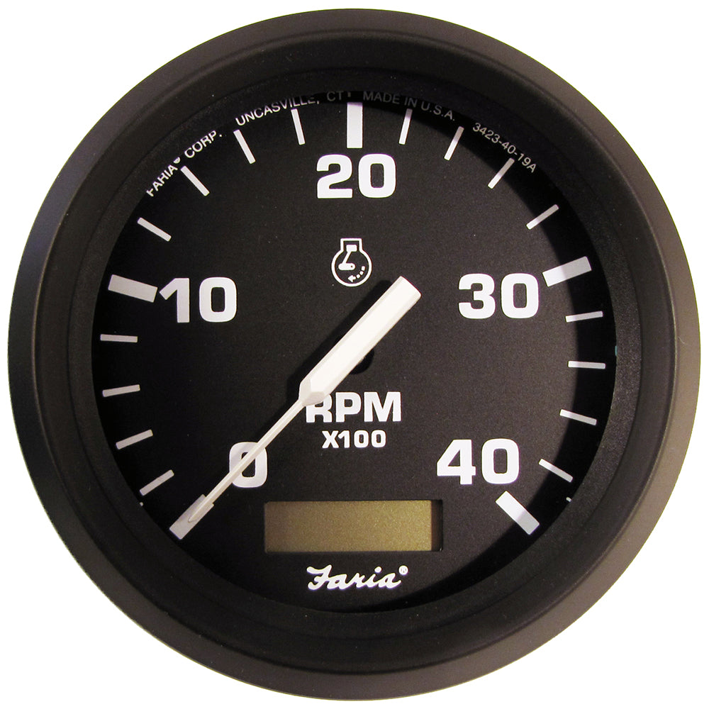 Faria Beede Instruments, Faria Euro Black 4" Tachometer w/Hourmeter (4000 RPM) (Diesel)(Mech. Takeoff & Var. Ratio Alt.)
