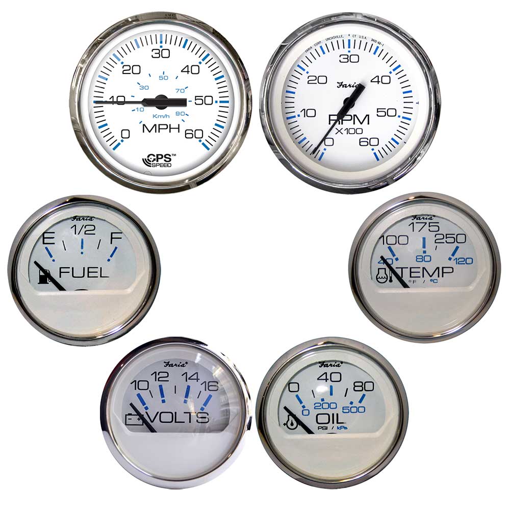 Faria Beede Instruments, Faria Chesapeake White w/Stainless Steel Bezel Boxed Set of 6 - Speed, Tach, Fuel Level, Voltmeter,