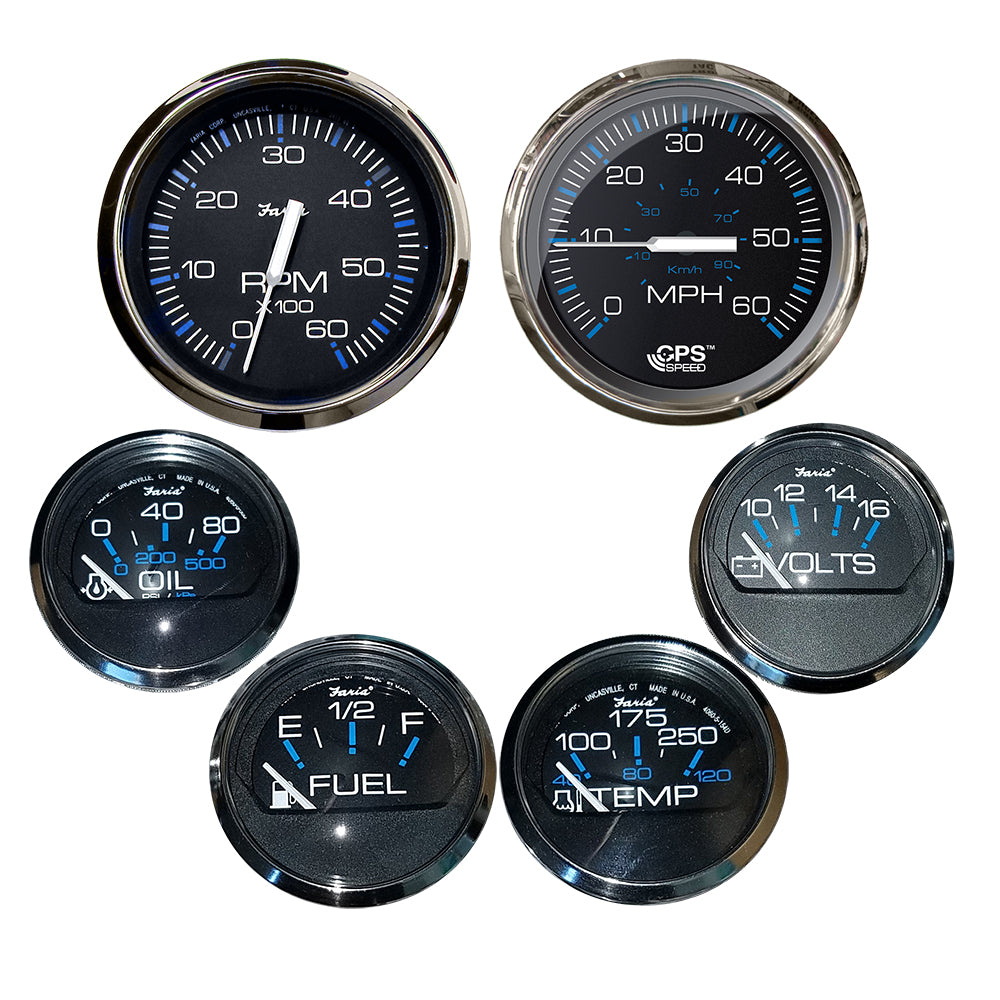 Faria Beede Instruments, Faria Chesapeake Black w/Stainless Steel Bezel Boxed Set of 6 - Speed, Tach, Fuel Level, Voltmeter,