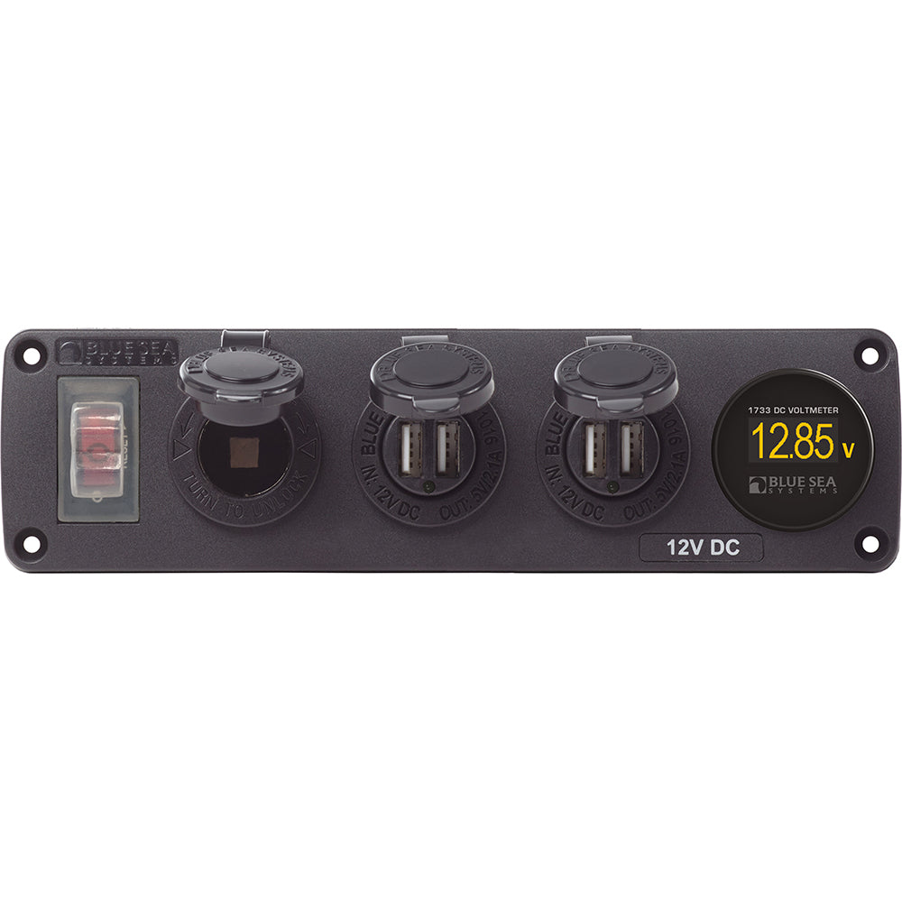 Blue Sea Systems, Blue Sea 4368 Water Resistant USB Accessory Panel - 12V Socket, 2x 2.1A Dual USB Chargers, Mini Voltmeter