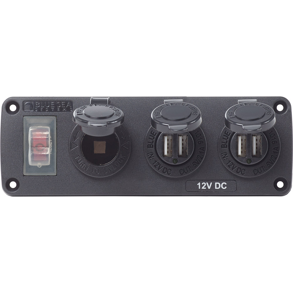 Blue Sea Systems, Blue Sea 4365 Water Resistant USB Accessory Panel - 15A Circuit Breaker, 12V Socket, 2x 2.1A Dual USB Charg
