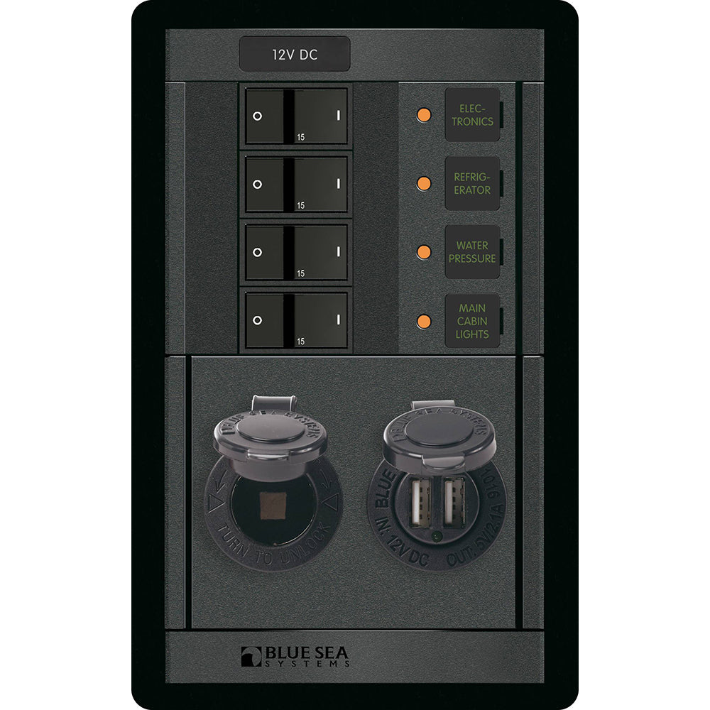 Blue Sea Systems, Blue Sea 1495 - 360 Panel - 4 Position 12V w/Dual USB & 12V Socket