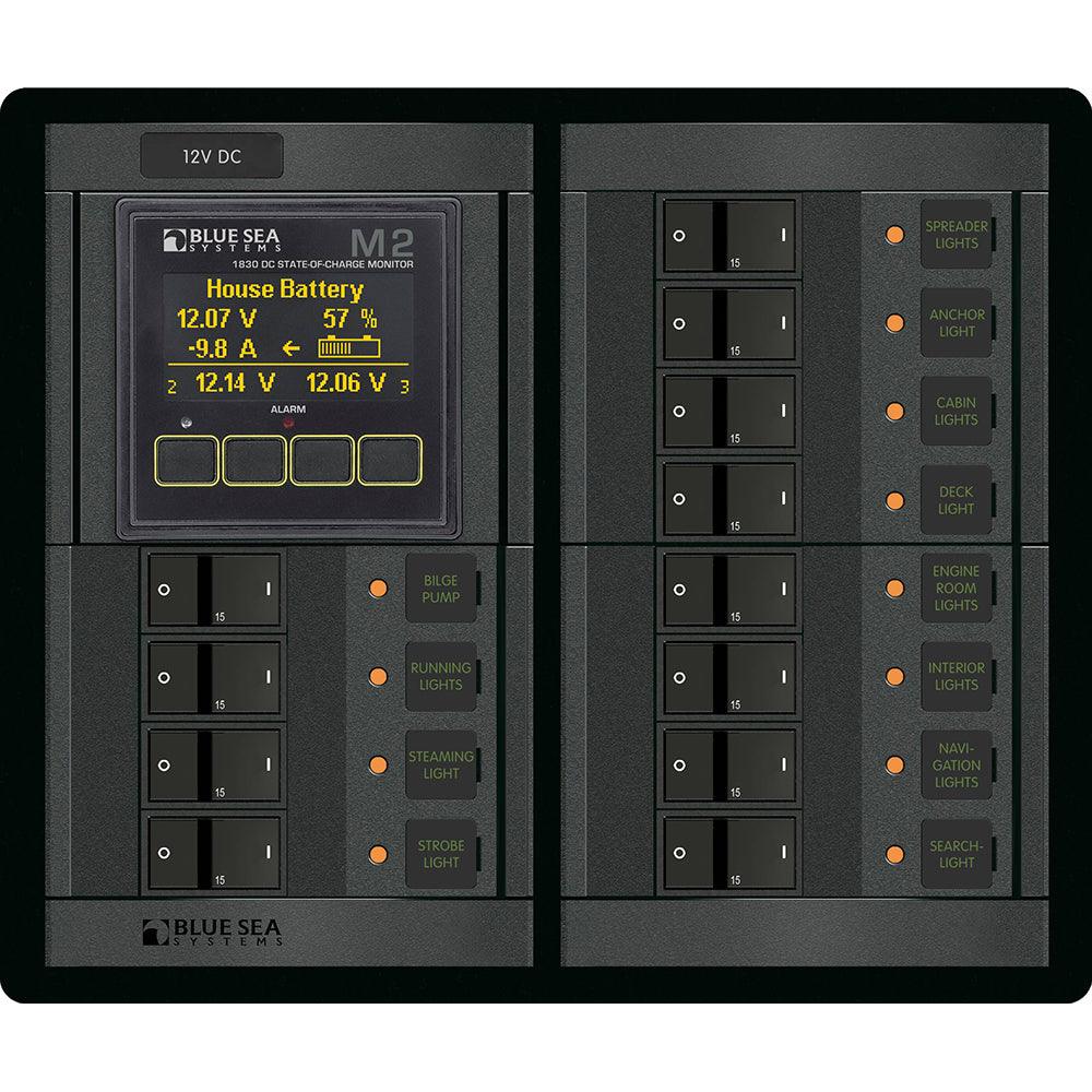 Blue Sea Systems, Blue Sea 1496 - 360 Panel - 12 Position 12V Flat Rocker M2 Multimeter w/SOC