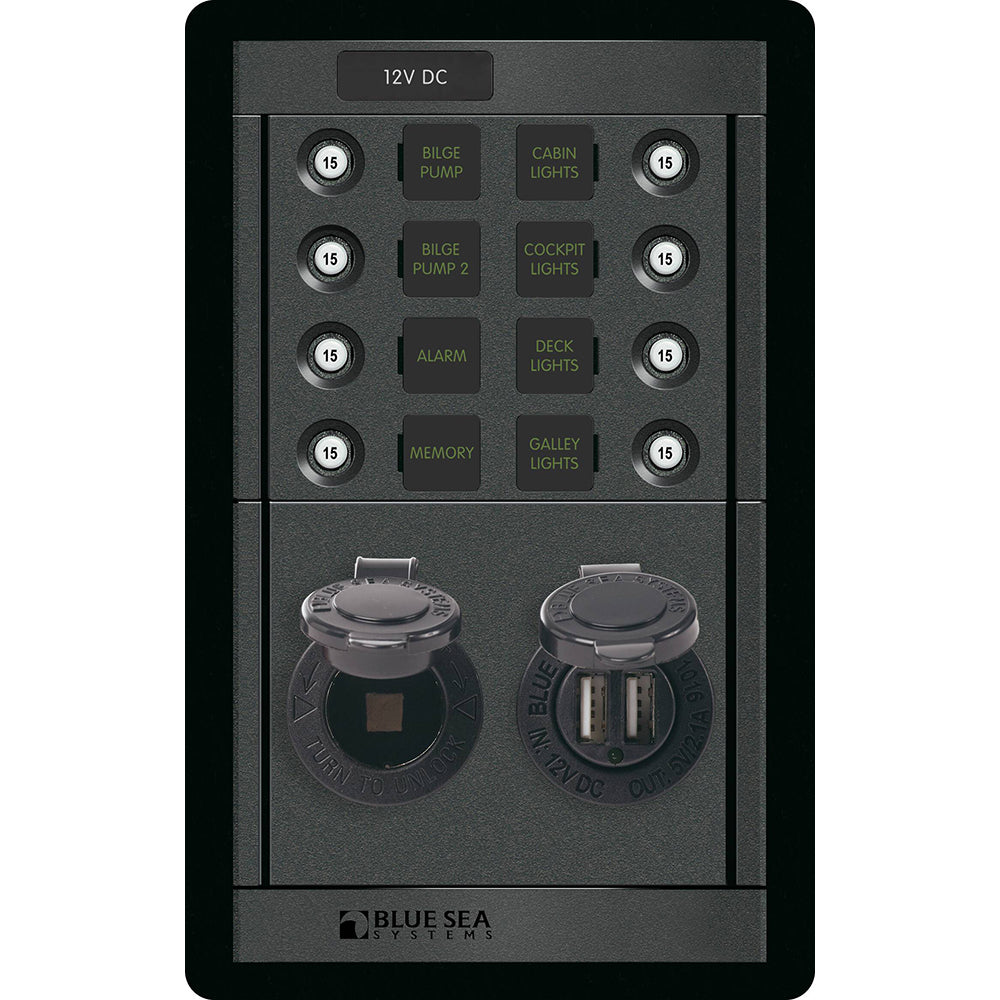 Blue Sea Systems, Blue Sea 1498 - 360 Panel - 8 Position 12V Panel w/Dual USB & 12V Socket