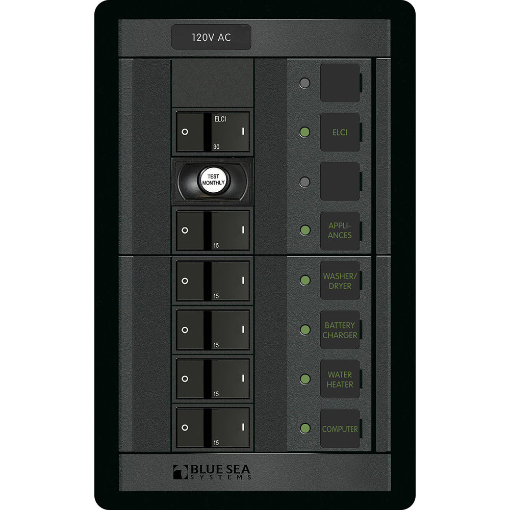 Blue Sea Systems, Blue Sea 1503 - 360 Panel - ELCI + 5 Position 120V AC Flat Rocker
