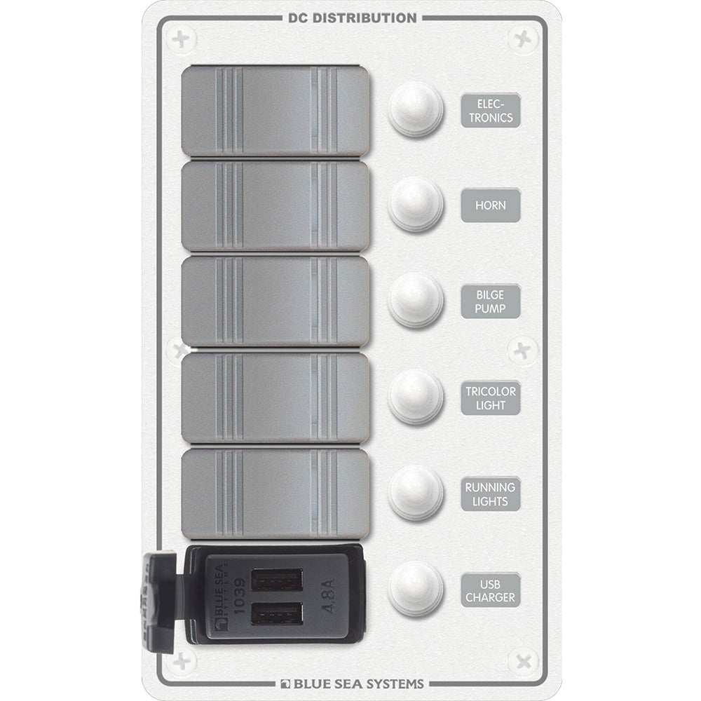 Blue Sea Systems, Blue Sea 8421 - 5 Position Contura Switch Panel w/Dual USB Chargers - 12/24V DC - White