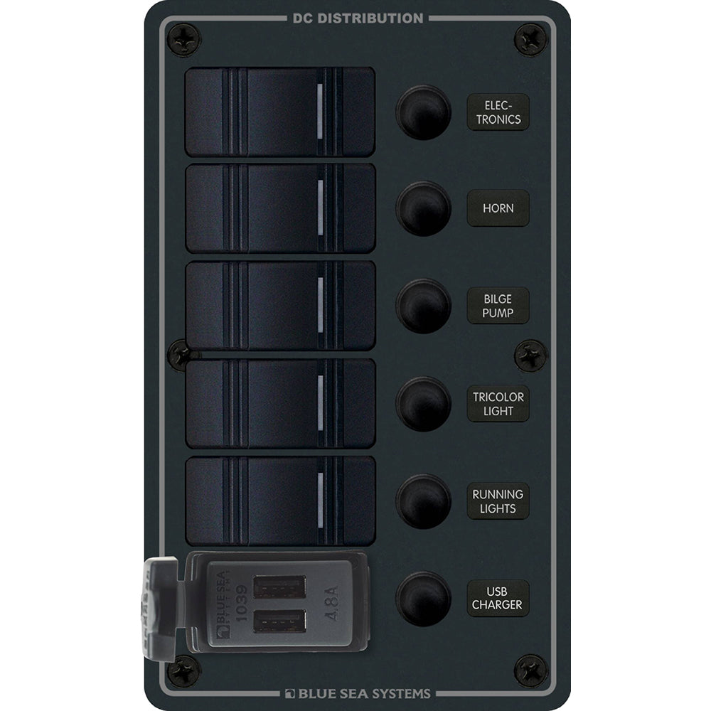 Blue Sea Systems, Blue Sea 8521 - 5 Position Contura Switch Panel w/Dual USB Chargers - 12/24V DC - Black