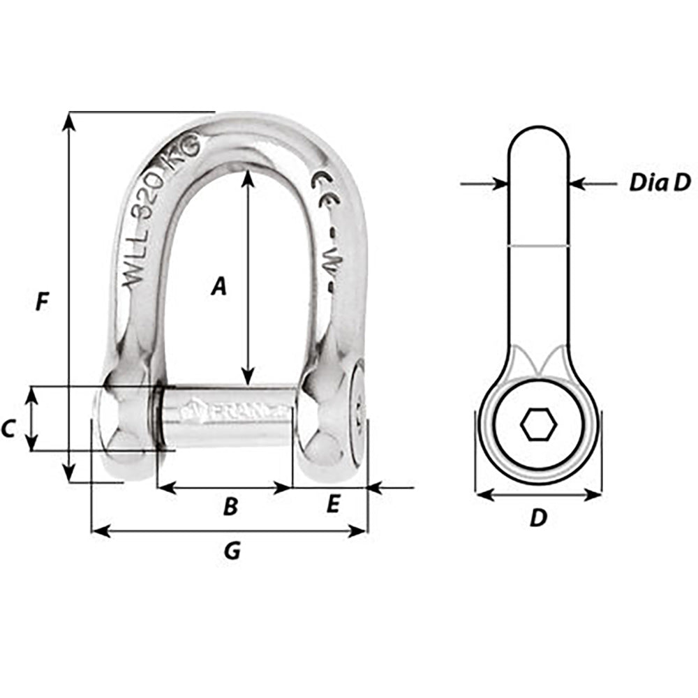 Wichard Marine, Wichard Self-Locking Allen Head Pin D Shackle - 6mm Diameter - 1/4"