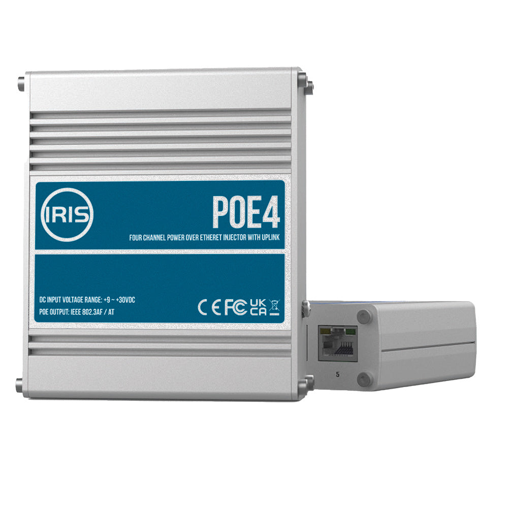 Iris Innovations, Iris Four Channel Uplink Power Over Ethernet Switch - IEEE802.3af & 3at Compliant - 9-30VDC Input - 48V