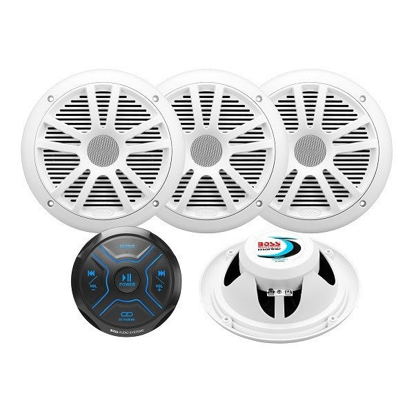 Boss Audio, MARINE GAUGE RADIO w/ 4 MARINE 6-1/2" DUAL CONE SPEAKER