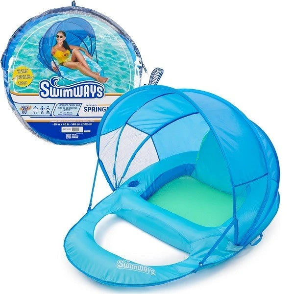 SwimWays, Premium Spring Float Recliner w/Canopy - Sky Blue/Ultra Blue with CDU